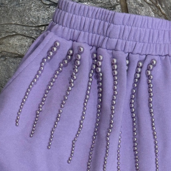 New Queen of Sparkles Pearl Lilac Purple 2 piece Crop Top Shorts Fleece set S XS - Picture 5 of 10